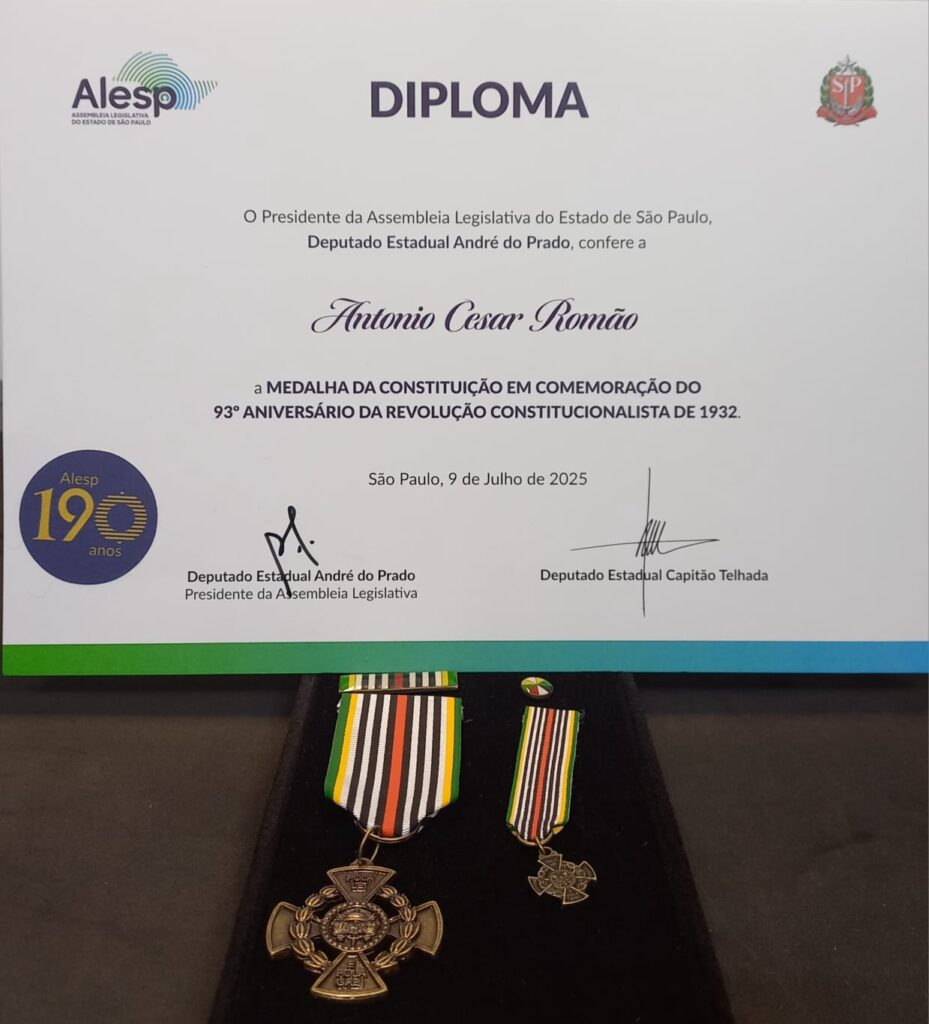 Cesar Romão recibe medalla de la Constitución en sesión solemne en la Asamblea Legislativa de São Paulo - Alesp - SP